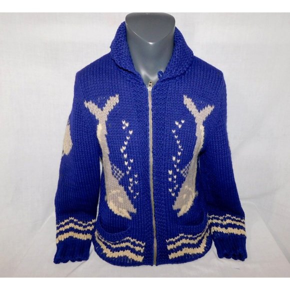 Vintage 50s 60s Cowichan cardigan Blue Whale Fish Wool Full Zip Sweater Jacket M - Picture 2 of 11